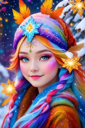 (best quality, 8K, highres, masterpiece:1.2), ultra-detailed, (fantasy-inspired, whimsical:1.37), portrait of a captivating and smiling caucasian woman transformed into a enchanting winter faerie. Her eyes, now large and luminous with detailed, circular irises of vivid, iridescent colors, reflect the magic of the winter season. She wears fantastical winter attire adorned with luxurious fur trim that shimmers with a kaleidoscope of vibrant colors. The snowy scenery behind her is a fantasy wonderland, with soft, colorful snowflakes falling gently from the sky. As she breathes icy air, her rosy cheeks and lips hint at the enchantment of this realm. Her hair flows in long, flowing strands, decorated with delicate, multi-colored snowflakes. Her pose exudes elegance and confidence, with a subtle, warm lighting accentuating her radiance. Her joyful expression and sparkling eyes reveal the innocence and wonder of this enchanting winter creature, who brings peace and serenity to the snow-covered trees in the background. The scene is an explosion of vibrant and fantastical colors, transforming the winter landscape into a magical realm.