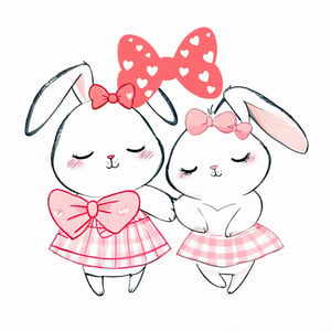 AiArtV,Valentines Day, blush,simple background,white background,dress,bow,2girls,closed eyes,hair bow,heart,no humans,animal,rabbit,heads together,cheek-to-cheek