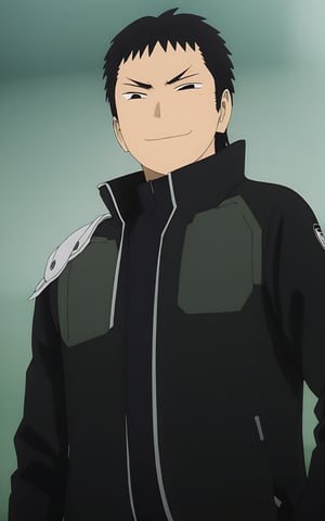 Kaiju No. 8, Soshiro Hoshina with black hair wearing a black jacket and looking up at the camera, with a smile on his face