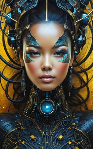 (best quality,8K,highres,masterpiece), ultra-detailed, (surreal portrait of flawless Android beauty), a flawless Android beauty portrayed in a surreal portrait style using hand-tinted acrylics. The portrait showcases a hyper-detailed face with flawless black shiny eyes, exuding an otherworldly allure. The Android's long, messy "hair" consists of intricate circuitry patterns, adding to the surreal and futuristic aesthetic. Rendered in the style of Gabriel Pacheco, the portrait is a stunning masterpiece with perfect composition and beautiful hyper-detailing. Every aspect of the Android's appearance is depicted with hyper-realism, capturing the intricacies of her features with sharp focus and high-quality execution. Feel free to add your own creative touches to enhance the surreal beauty and artistic impact of this captivating portrait.
