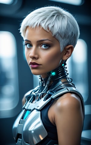 score_9,score_8_up,score_7_up, photorealistic, photography, 1girl,looking at viewer,short hair,upper body,white hair,small breasts,parted lips,dark skin,armor,lips,grey eyes,blurry background,science fiction,realistic,very short hair,cyborg,cyberpunk
