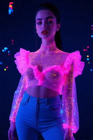 A woman stands confidently, adorned in a ruffled, sheer pink top paired with high-waisted blue jeans. Her skin is accentuated with vibrant, neon digital patterns and colorful, dotted lights. Dark hair is sleekly pulled back, while her expression is poised, with red lips adding an extra pop of color. The background is a deep navy, contrasting with the bright, futuristic elements illuminating her figure. A hint of cityscape elements in pixelated style is subtly integrated in the background, enhancing the modern, high-tech aesthetic.