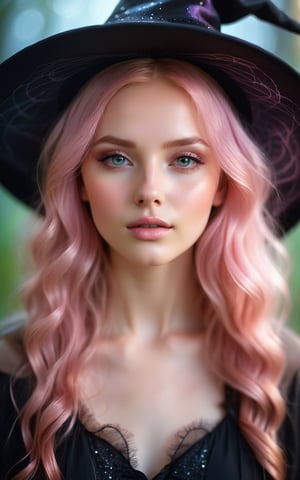 (best quality, 4K, 8K, high-resolution, masterpiece, ultra-detailed, photorealistic), portrait of a beautiful young woman, soft and dewy glowing skin, long flowing pink hair, wearing a witch hat, magical and enchanting atmosphere, gentle and serene expression, soft pink and pastel color palette, detailed facial features, bright and clear eyes, delicate makeup with subtle highlights, ethereal and mystical ambiance, elegant and refined appearance, modern fantasy art style, dreamy and whimsical setting, high attention to detail in textures and lighting.