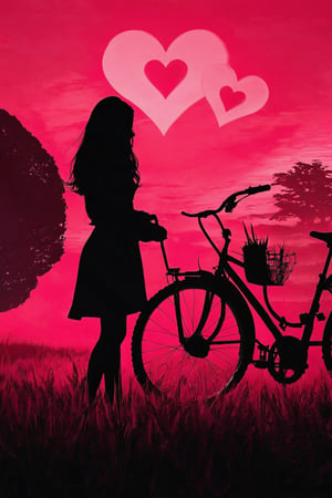 AiArtV, Valentines Day, 1girl, solo, long hair, standing, monochrome, heart, grass, ground vehicle, silhouette, pink theme, bicycle