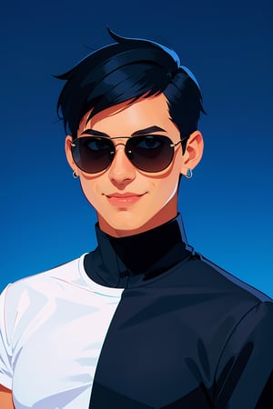 shadow flat vector art, 1man,male focus,solo,sunglasses,earrings,smile,short hair,blue background,black hair