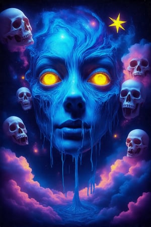 A surreal and vibrant scene features a blue, otherworldly face with fluid, swirling textures in shades of blue, purple, and pink. Yellow, glowing eyes and luminescent, dripping forms adorn the face, with abstract skulls and shapes floating around it. The background is a deep, star-filled night sky, accentuated with bright, neon-colored clouds and cosmic elements. The overall effect is a mesmerizing, psychedelic blend of colors and patterns, creating an ethereal and dream-like atmosphere.