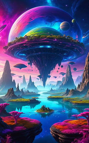 (best quality,8K,highres,masterpiece), ultra-detailed, (alien landscape with floating islands), depiction of an alien landscape featuring floating islands suspended in the air. Each island is covered with strange, luminescent vegetation and inhabited by bizarre alien creatures. The sky is filled with swirling, colorful nebulae and distant planets, creating a surreal and awe-inspiring backdrop. The overall composition is fantastical and imaginative, showcasing the wonders of an alien world.