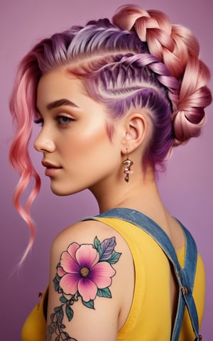 (best quality, 4K, 8K, high-resolution, masterpiece), ultra-detailed, photorealistic, young woman, pastel colors, pink background, floral tattoo sleeves, intricate floral designs, pink hair, braided hairstyle, flower in hair, profile view, yellow top, purple overalls, serene expression, soft lighting, whimsical, contemporary fashion, digital art.