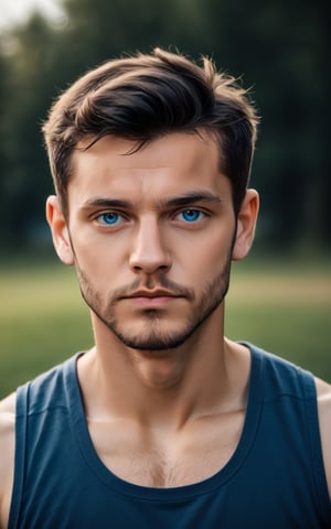 score_9,score_8_up,score_7_up, photorealistic, photography, looking at viewer,short hair,blue eyes,shirt,black hair,1boy,closed mouth,male focus,outdoors,day,blurry background,facial hair,tank top,blue shirt,portrait,realistic