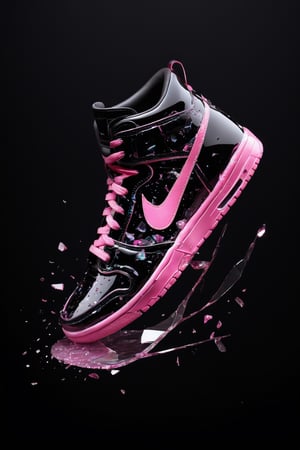 (best quality,8K,highres,masterpiece), ultra-detailed, Sneakers Design, simple background,shoes,black background,pink theme,broken glass