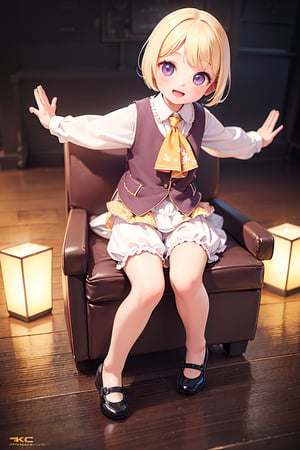 1girl, solo, blonde hair, outstretched arms, open mouth, skirt, ribbon, hair ribbon, shoes, underwear, vest, smile, mary janes, ascot, purple eyes, shirt, long sleeves, short hair, bloomers, (best quality, 4k, 8k, highres, masterpiece:1.2), ultra-detailed, (realistic, photorealistic, photo-realistic:1.37), HDR, UHD, studio lighting, ultra-fine painting, sharp focus, physically-based rendering, extreme detail description, professional, vivid colors, bokeh, portraits, landscape