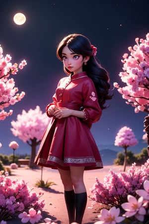 (best quality, 8K, ultra-detailed, masterpiece), (ultra-realistic), A mesmerizing scene featuring a lone girl with enchanting purple eyes, standing against a serene night background. The moon illuminates the surroundings, casting a soft glow on the cherry blossoms in full bloom. The girl is adorned in red fluffy clothes, creating a striking and dreamlike composition.