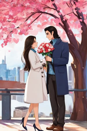 AiArtV,Valentines Day, 1girl,long hair,smile,brown hair,black hair,1boy,dress,holding,brown eyes,jewelry,jacket,flower,hetero,earrings,outdoors,parted lips,day,pants,looking at another,tree,petals,white jacket,couple,building,eye contact,hand in pocket,bouquet,holding bouquet