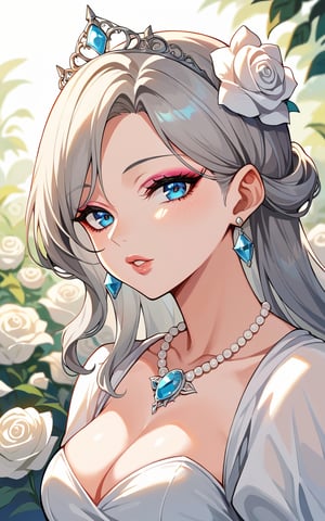 score_9,score_8_up,score_7_up, 1girl,looking at viewer,blue eyes,hair ornament,dress,jewelry,flower,grey hair,earrings,parted lips,necklace,white dress,lips,makeup,rose,tiara,white flower,gem,portrait,eyeshadow,white rose,pearl necklace