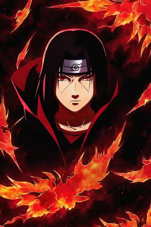 Itachi Uchiha,portrait,(best quality,4k,8k,highres,masterpiece:1.2),ultra-detailed,(realistic,photorealistic,photo-realistic:1.37),dark and intense,red,black and white,haunting eyes,meticulously drawn face and hair,cold expression,sharingan,akatsuki cloak,amazing lighting effect,emblem of the Uchiha clan,background of flames,uchiha fan,shadows and highlights,sharp focus,vivid colors,splashes of blood,mysterious aura,composed and deadly disposition,eye-catching details