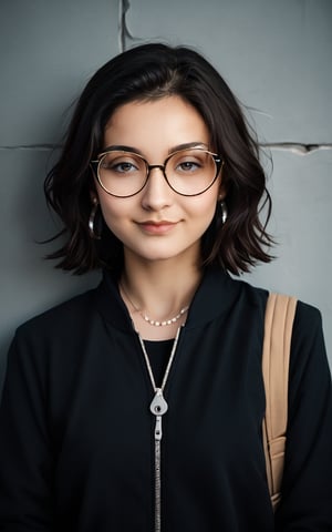 score_9,score_8_up,score_7_up,photorealistic, photography, 1girl,looking at viewer,smile,short hair,shirt,black hair,jewelry,closed mouth,jacket,upper body,multicolored hair,earrings,open clothes,glasses,medium hair,necklace,bag,mole,lips,black shirt,half-closed eyes,forehead,zipper,realistic,round eyewear,wall