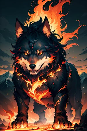 (best quality, highres:1.2, ultra-detailed, photorealistic:1.37), giant wolf Fenrir, fire, mountains, protruding, broken shackles, chains hanging, red eyes, angry, realistic lighting, dark atmosphere, eerie shadows, menacing presence, glowing embers, powerful stance, epic landscape, smoke billowing, intense heat, growling, fierce expression, wild fur, towering silhouette, raging flames, ethereal glow, foreboding, untamed power