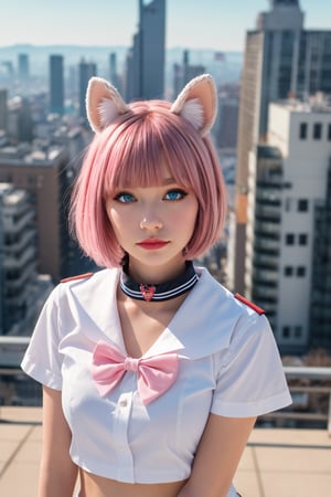 skistyle, 1girl, solo, pink hair, animal ears, blue eyes, wings, looking at viewer, bangs, short hair, bow, sailor collar, white sailor collar, hair bow, pink bow, closed mouth, shirt, white shirt, bear ears, bob cut, mini wings, portrait, detached wings, makeup, upper body, city in background
