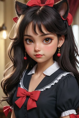 (best quality, 4k, 8k, highres, masterpiece:1.5), ultra-detailed, 1girl,solo,long hair,looking at viewer,blush,bangs,shirt,black hair,bow,jewelry,very long hair,upper body,hair bow,earrings,sleeveless,sailor collar,red bow,black shirt,sleeveless shirt,bell,animal,cat,crescent