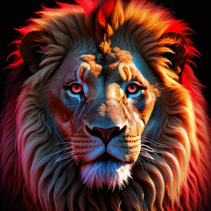 (best quality, 4K, 8K, high-resolution, masterpiece), ultra-detailed, realistic, photorealistic, design of a lion, headshot, soft neon light, red blood accents, 3D, vector art, vibrant colors, intricate details, dynamic lighting, high detail, high resolution, modern style, bold and dramatic composition.