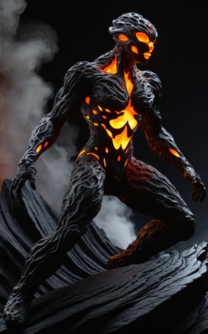 (ultra detailed, 8K, highly detailed, masterpiece, intricate, beautiful), (surreal, fantasy, sculpture, abstract), a stunning sculpture of a humanoid figure made of lava and rock. The figure is in a dynamic pose, with flowing lava-like material creating a sense of motion around it. The contrast between the dark rock and the glowing lava elements creates an ethereal and powerful appearance. The background is dark, which emphasizes the bright, molten features and gives the sculpture an otherworldly and captivating presence.