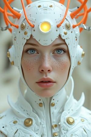 Cyborg style,
A woman is wearing a futuristic headpiece. The headpiece is white and has orange wires coming out of it. There is a yellow light in the middle of the head piece. The woman has blue eyes and freckles on her face. The outfit she is wearing is white with gold buttons on it.