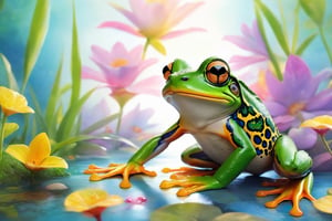 A silly frog with a wallpaper background in a portrait style. The frog's eyes are cartoonishly large and expressive, with a mischievous twinkle. Its vibrant green skin is covered in whimsical patterns, resembling the design of a lively wallpaper. The frog has a wide smile, showcasing its tongue playfully poking out. The portrait captures the essence of the frog's playful and silly nature. The artwork is created in a medium that combines digital illustration and traditional painting techniques. The image quality is of the highest standard, with ultra-detailed textures and vibrant colors. The artwork showcases a mix of realism and a touch of fantasy, emphasizing the frog's charming and whimsical characteristics. The color palette is vibrant and playful, with a mix of bright greens, warm yellows, and pops of contrasting colors. The lighting is soft and diffused, highlighting the frog's features while creating a warm and inviting atmosphere.