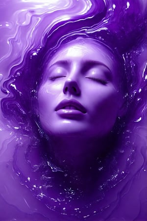 A surreal, purple-toned artwork of an ethereal face with closed eyes and parted lips, seemingly submerged in swirling liquid. The textures blend fluidly around the serene expression, creating an otherworldly effect. Rich hues of violet and lavender intertwine, forming mesmerizing patterns that engulf the subject.