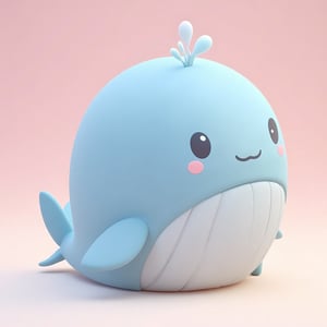 3D cute animal character,
A delightful, cartoon-like blue whale features a rounded body with a smooth, glossy texture. Big, shiny eyes and rosy cheeks give it an endearing expression. A tiny water spout playfully adorns its head. The whale has a broad, white underbelly with ridges. Its pectoral fins are small and rounded, complementing the plump tail. The whale rests against a soft gradient background of warm pink and light yellow, enhancing its cheerful, whimsical charm.