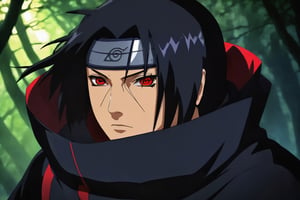 (realistic,portrait:1.2), Itachi Uchiha, detailed facial features, Sharingan eyes, black spiky hair, intense gaze, expressionless face, flowing cloak, mysterious background, dark color palette, dramatic lighting, high contrast, vivid colors, fine details, emotionally captivating, skilled ninja, powerful aura, profound character