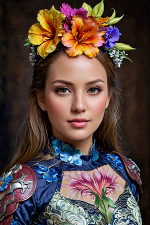 (best quality, realistic, high-resolution), colorful portrait of a woman with flawless anatomy. She is wearing a stunning flower dress that compliments her vibrant personality. Her skin is extremely detailed and realistic, with a natural and lifelike texture. The background is dark, which creates a striking contrast to the colorful flowers adorning her armor. The flowers on her armor represent her strength and beauty. The lighting accentuates the contours of her face, adding depth and dimension to the portrait. The overall composition is masterfully done, showcasing the intricate details and achieving a high level of realism.,Realistic
