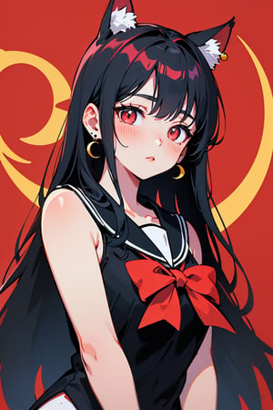 (best quality, 4k, 8k, highres, masterpiece:1.5), ultra-detailed,anime, 1girl,solo,long hair,looking at viewer,blush,bangs,shirt,black hair,bow,jewelry,very long hair,upper body,hair bow,earrings,sleeveless,sailor collar,red bow,black shirt,sleeveless shirt,bell,animal,cat,crescent,red background