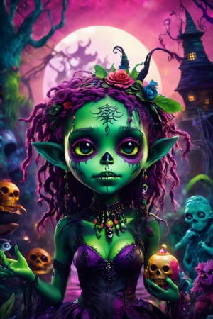 (best quality, 8K, UHD, masterpiece), ultra-detailed, (digital illustration, splash art) featuring an adorable and cute green-skin zombie with a voodoo ambiance. The portrait is inspired by the detailed fashion of Hanae Mori, infused with dark fantasy elements. The artwork bursts with vivid colors, akin to the styles of Arthur Rackham, Dr. Seuss, and Tim Burton, creating a lively and magical scene. The luminism and rim lighting add a glowing effect, enhancing the overall vibrant and super colorful composition