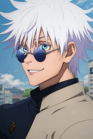 best quality, 8k, highres, masterpiece, Jujutsu Kaisen, Satoru Gojo, 1boy ,solo, white hair, short hair, hair between eyes, blue eyes, light blue eyes, colored eyelashes, sunglasses, smile