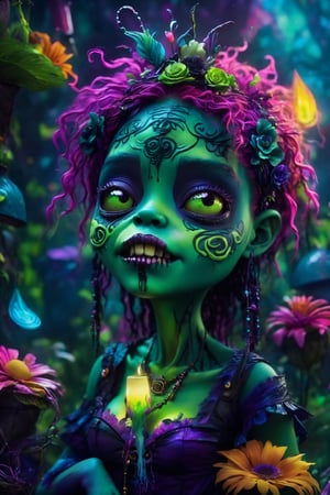 (best quality, 8K, UHD, masterpiece), ultra-detailed, (digital illustration, splash art) featuring an adorable and cute green-skin zombie with a voodoo ambiance. The portrait is inspired by the detailed fashion of Hanae Mori, infused with dark fantasy elements. The artwork bursts with vivid colors, akin to the styles of Arthur Rackham, Dr. Seuss, and Tim Burton, creating a lively and magical scene. The luminism and rim lighting add a glowing effect, enhancing the overall vibrant and super colorful composition