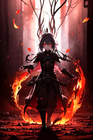 (Anime-style:1.3), (Dark and intense:1.2), A striking anime character, shrouded in shadows and poised for battle, stands against a deep crimson background adorned with menacing chains. Glowing red hollow fire particles dance around the scene, creating an otherworldly ambiance. The unique pastel look adds an ethereal touch to this dramatic and visually intense composition.