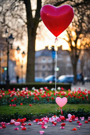 AiArtV,Valentines Day,flower,heart,outdoors,blurry,tree,petals,depth of field,building,scenery,blurry foreground,balloon,lamppost,heart balloon