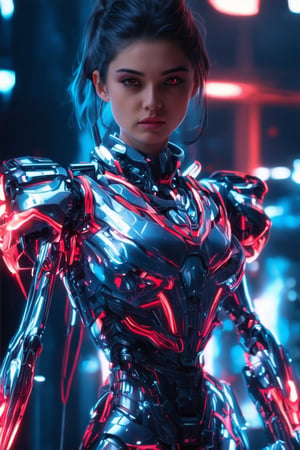 best quality, 4K, 8K, high-resolution, masterpiece, ultra-detailed, photorealistic,  an image of a woman in a robot suit with glowing red lines running down her chest and arms, showing off her body, 1girl, looking at viewer, short hair, black hair, upper body, blurry, lips, blurry background, science fiction, realistic, straight-on, android, cable, ribs, mechanical parts, cyberpunk, spine