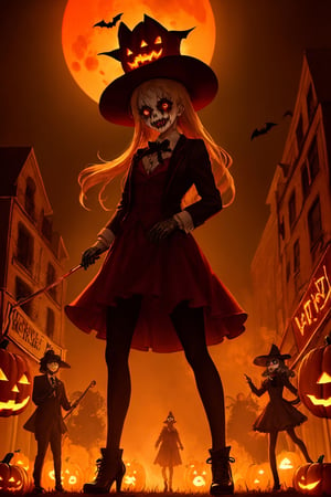 In a nightmarish (Halloween-themed) carnival, a deranged pumpkin-headed scarecrow, animated by an unholy ritual, leads a horde of zombie circus performers. They parade through a ghastly amusement park, where twisted rides and grotesque games await. Above, a blood-red moon casts an eerie glow, illuminating the surreal chaos below. A three-headed skeletal clown with blazing eyes cackles madly, and a sinister cotton candy vendor serves confections that turn people into ghouls. Capture the essence of this insane and macabre spectacle in your entry, where the boundary between delight and terror blurs into a masterpiece of madness.