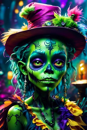 (best quality,8K,UHD,masterpiece), ultra-detailed, (digital illustration, splash art) featuring an adorable and cute green-skin zombie with a voodoo ambiance. The portrait is inspired by the detailed fashion of Hanae Mori, infused with dark fantasy elements. The artwork bursts with vivid colors, akin to the styles of Arthur Rackham, Dr. Seuss, and Tim Burton, creating a lively and magical scene. The luminism and rim lighting add a glowing effect, enhancing the overall vibrant and super colorful composition.