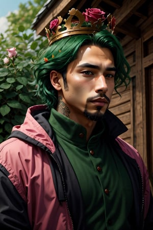 (best quality, 4k, 8k, highres, masterpiece:1.2), ultra-detailed, (realistic, photorealistic, photo-realistic:1.37), solo,short hair,shirt,black hair,1boy,jacket,upper body,flower,male focus,outdoors,green hair,from side,petals,black shirt,tattoo,profile,rose,facial hair,crown,pink flower,freckles,goatee,pink rose