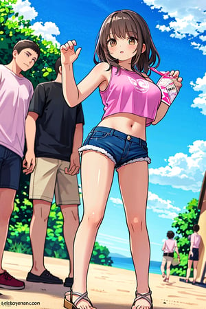 1girl, long hair, breasts, looking at viewer, large breasts, brown hair, shirt, navel, holding, brown eyes, underwear, standing, outdoors, multiple boys, sky, shorts, sleeveless, solo focus, day, midriff, dark skin, lips, crop top, short shorts, black shorts, sandals, denim, web address, denim shorts, pink shirt