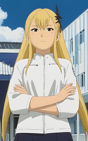 Kikoru Shinomiya with long blonde hair standing in front of a blue and white building, with her arms folded across her chest