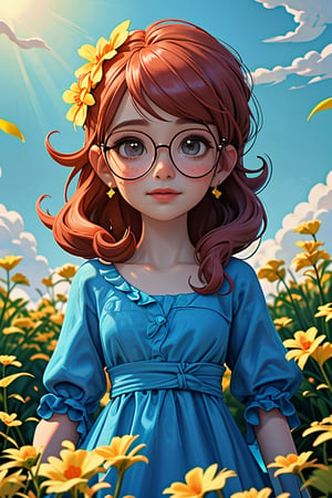 (best quality,portrait,masterpiece:1.2),girl in a blue dress with a hair flower, standing in a vast flower field. The girl is wearing glasses and has beautiful freckles on her face. Above her, the sky is filled with vibrant blue hues, as the sun sets in the distance, casting a warm orange glow. The girl wears delicate earrings that shimmer in the cinematic light.