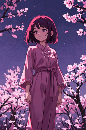 (best quality, 8K, ultra-detailed, masterpiece), (ultra-realistic), A mesmerizing scene featuring a lone girl with enchanting purple eyes, standing against a serene night background. The moon illuminates the surroundings, casting a soft glow on the cherry blossoms in full bloom. The girl is adorned in red fluffy clothes, creating a striking and dreamlike composition.