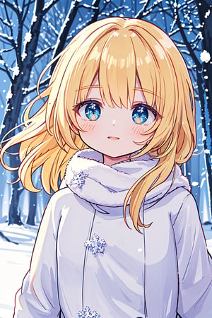 (best quality, 4k, 8k, highres, masterpiece:1.2), ultra-detailed, portrait, beautiful and smiling caucasian woman, cinematic, winter clothes, Ondas e Nuances, detailed symmetric hazel eyes, circular iris, vivid colors, winter scenery, soft snowflakes falling, icy breath, rosy cheeks, pure white background, subtle warm lighting, innocence and radiance, sparkling eyes, joyful expression, luxurious fur trim on the clothing, frosty winter air, subtle wind blowing through her hair, subtle hint of pink in her lips, elegant posture, confident stance, delicate snowflakes decorating her hair, long flowing blonde hair, wonder and serenity in her gaze, captivating beauty, snow-covered trees in the background, peaceful and enchanting winter scene.