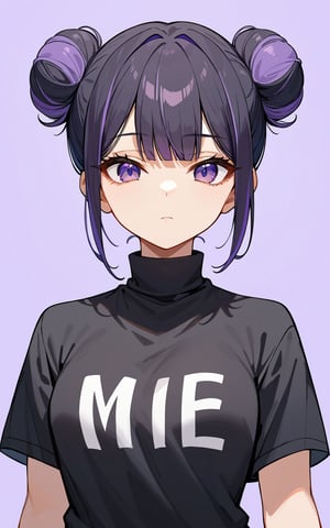 score_9,score_8_up,score_7_up, 1girl,looking at viewer,bangs,shirt,black hair,closed mouth,purple eyes,upper body,purple hair,short sleeves,multicolored hair,hair bun,black shirt,double bun,turtleneck,expressionless,clothes writing,purple background