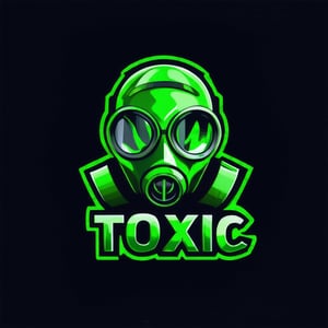 gaming logo design,  an image of a gas mask on a dark background with the word toxic in green and black lettering