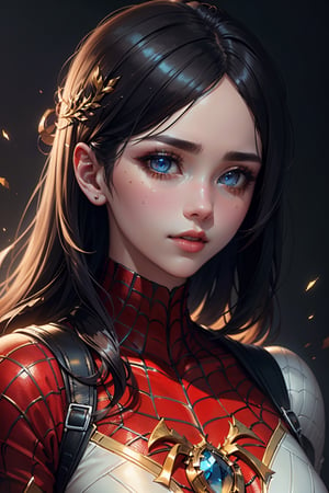 (best quality, 8k, highres, ultra-detailed:1.2), realistic, vivid colors, spiderman in white and gold armour style suit, white cape, beautiful detailed eyes, beautiful detailed lips, extremely detailed eyes and face, long eyelashes, close-up, portrait, studio lighting, HDR, physically-based rendering, ultra-fine painting, sharp focus, trending on artstation, octane render, perfect composition