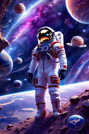 an astronaut standing on the surface of a planet surrounded by planets and other space objects, looking up at the sky,outer space